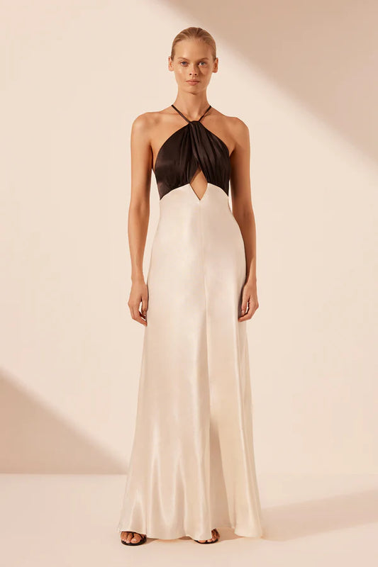 SHONA JOY Lino Cross Back Halter Maxi Dress