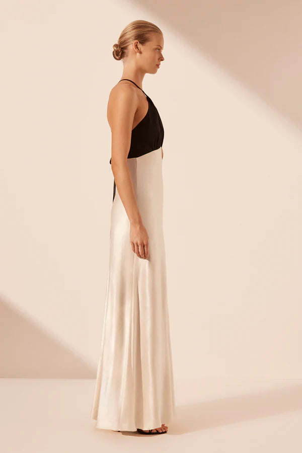 SHONA JOY Lino Cross Back Halter Maxi Dress