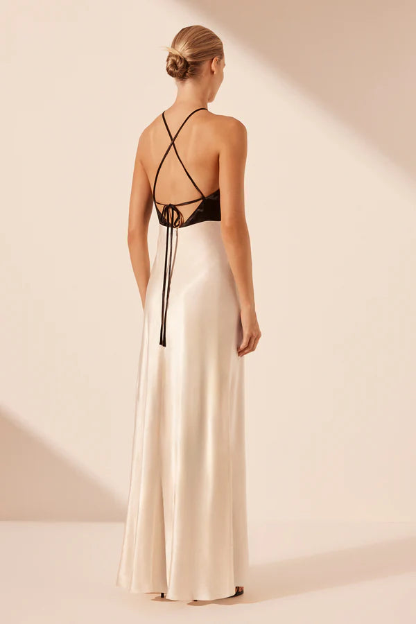 SHONA JOY Lino Cross Back Halter Maxi Dress