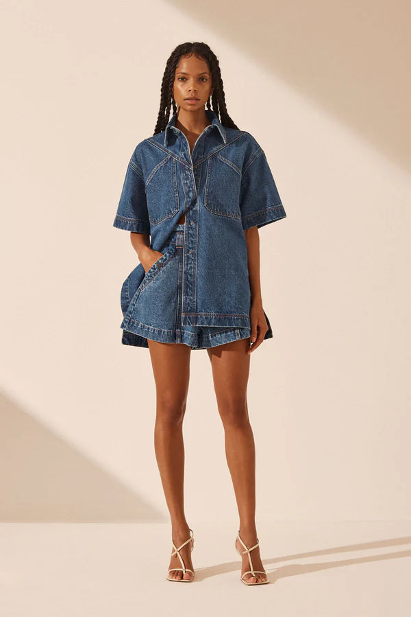 SHONA JOY Raquel High Waisted Flared Shorts-vintage blue
