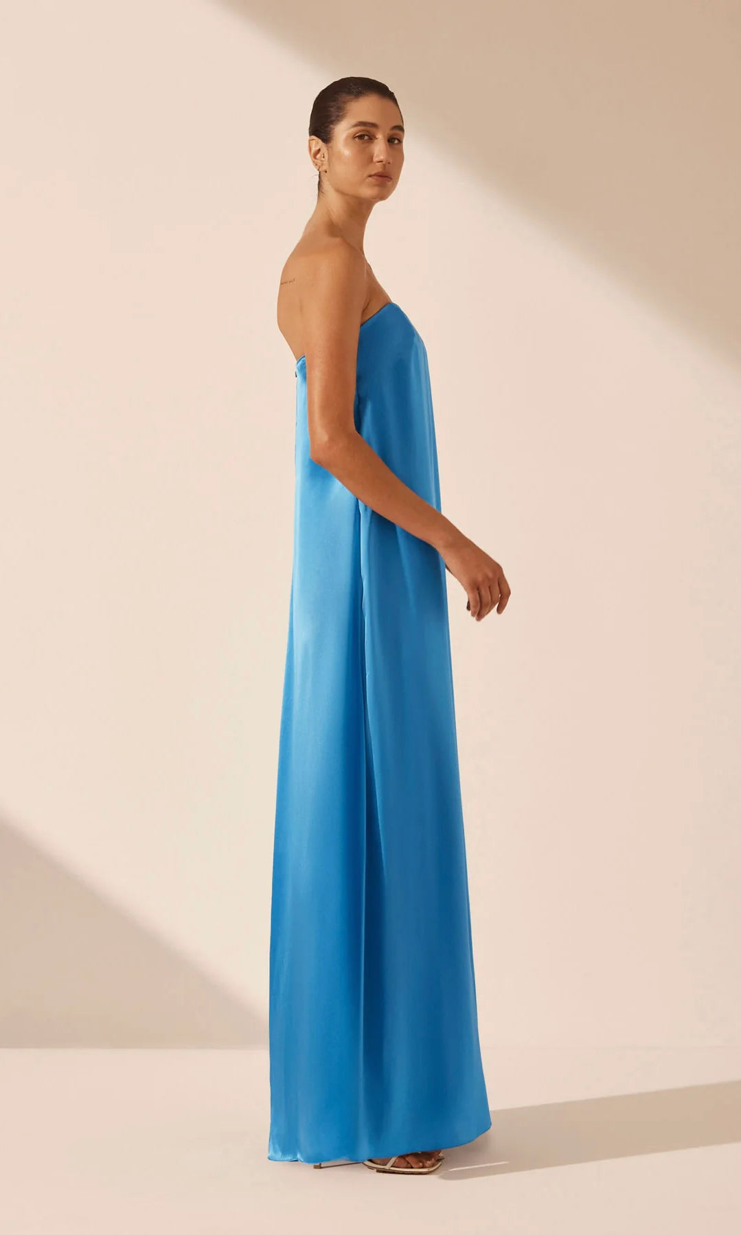SHONA JOY Ceil Aqua Strapless Column Maxi Dress