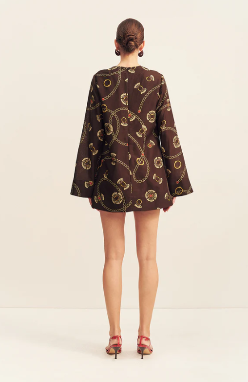 SHONA JOY-Vacanza Plunged Long Sleeve Mini Dress - Medallion Stamp