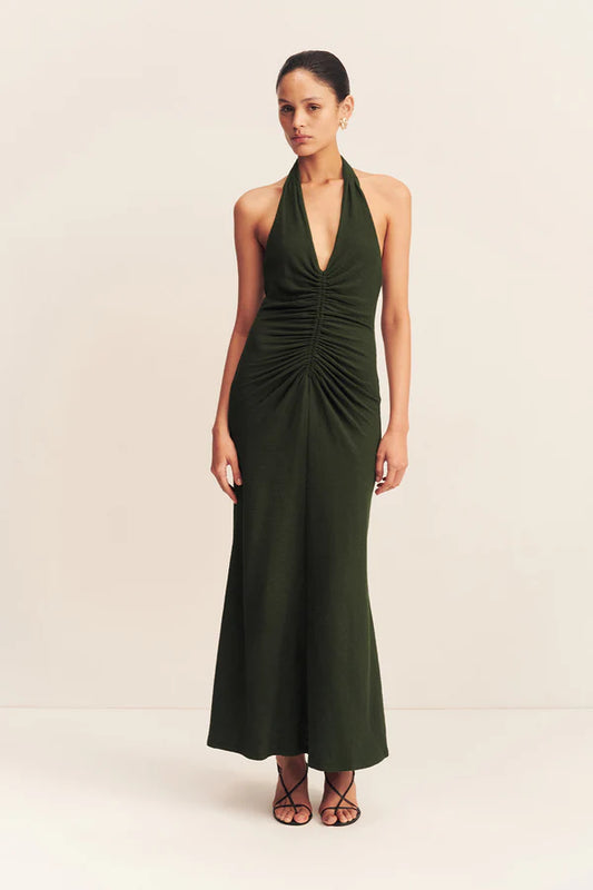 SHONA JOY Beau Halter Ruched Midi dress-army green