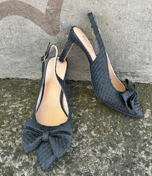NUDE FOOTWEAR - AMELINE 7CM SLING BACK HEEL IN BLACK RAFFIA