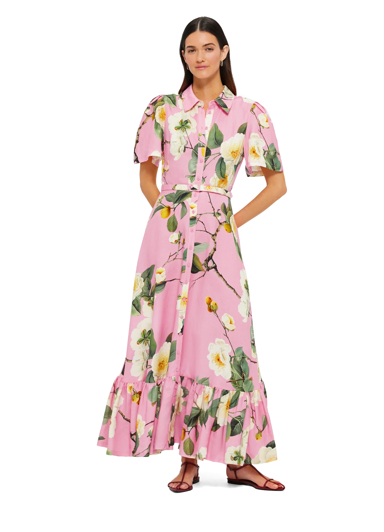LEO LIN Becca Short Sleeve Midi Dress- camelia print