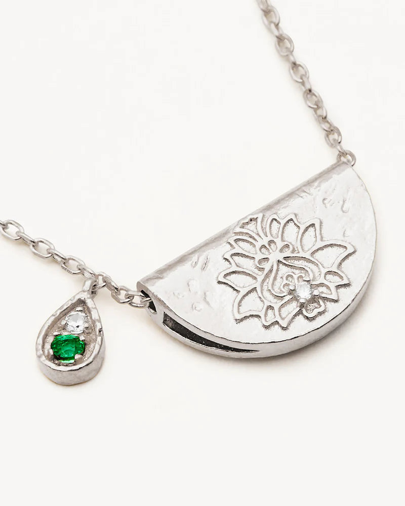 BY CHARLOTTE - Sterling Silver Lotus Birthstone Necklace - May - Emerald