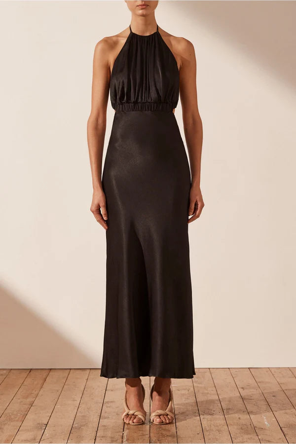SHONA JOY- Angelica Ruched Open Back Halter Midi Dress
