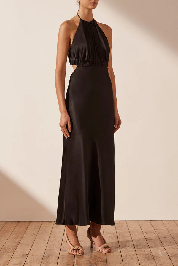 SHONA JOY- Angelica Ruched Open Back Halter Midi Dress