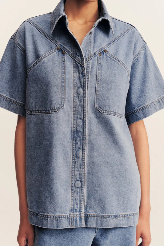 SHONA JOY Stella Short Sleeve Shirt-mid blue