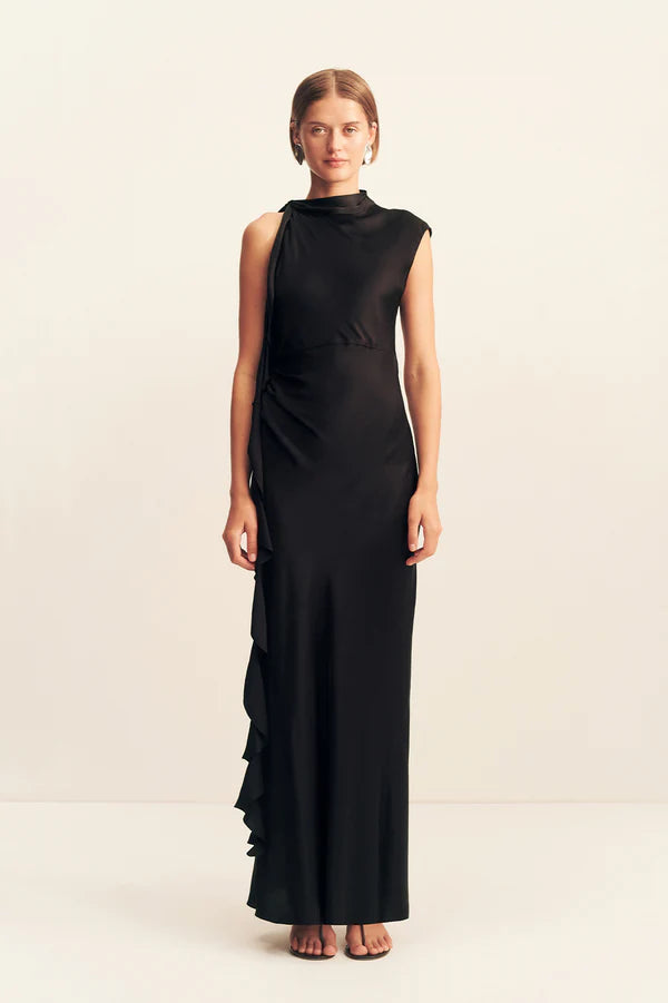 SHONA JOY Agnes Draped Ruffle Maxi Dress-black