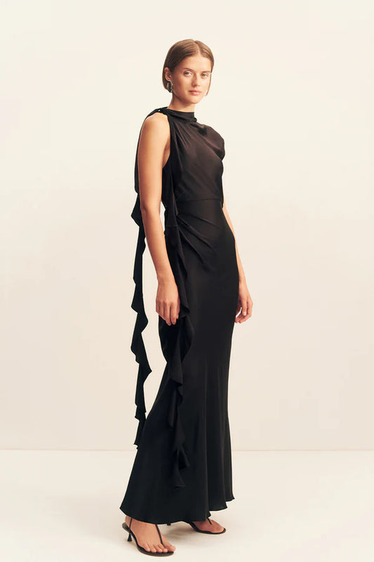SHONA JOY Agnes Draped Ruffle Maxi Dress-black