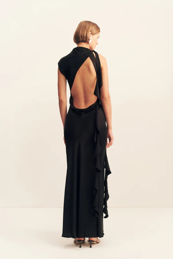 SHONA JOY Agnes Draped Ruffle Maxi Dress-black