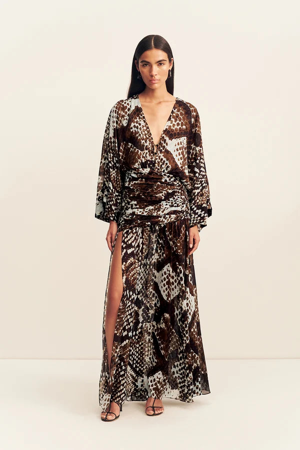 Shona Joy - Maia Long Sleeve Plunged Maxi Dress IN RISTRETTO/ACADIAN BLUE