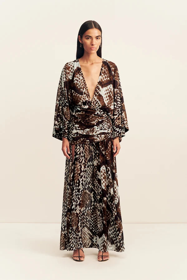 Shona Joy - Maia Long Sleeve Plunged Maxi Dress IN RISTRETTO/ACADIAN BLUE