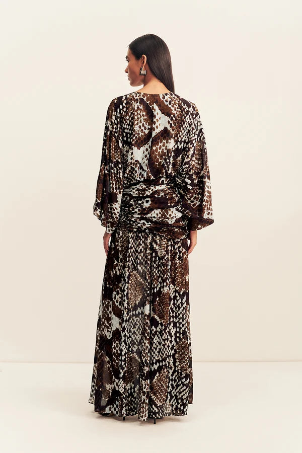 Shona Joy - Maia Long Sleeve Plunged Maxi Dress IN RISTRETTO/ACADIAN BLUE