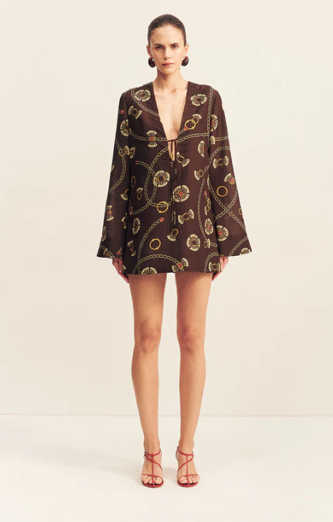 SHONA JOY-Vacanza Plunged Long Sleeve Mini Dress - Medallion Stamp