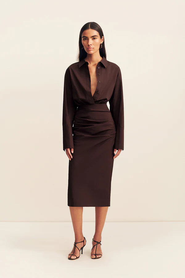 SHONA JOY Campbell Shirt Fitted Midi Dress Ristretto