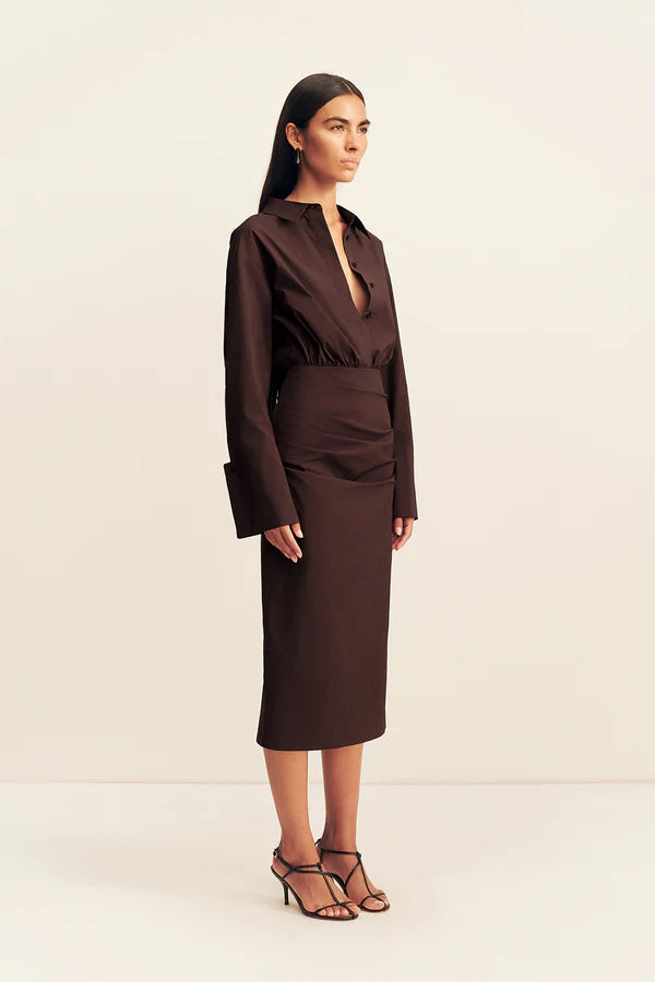 SHONA JOY Campbell Shirt Fitted Midi Dress Ristretto