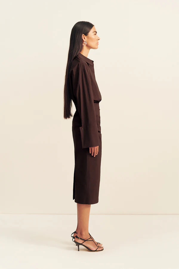 SHONA JOY Campbell Shirt Fitted Midi Dress Ristretto