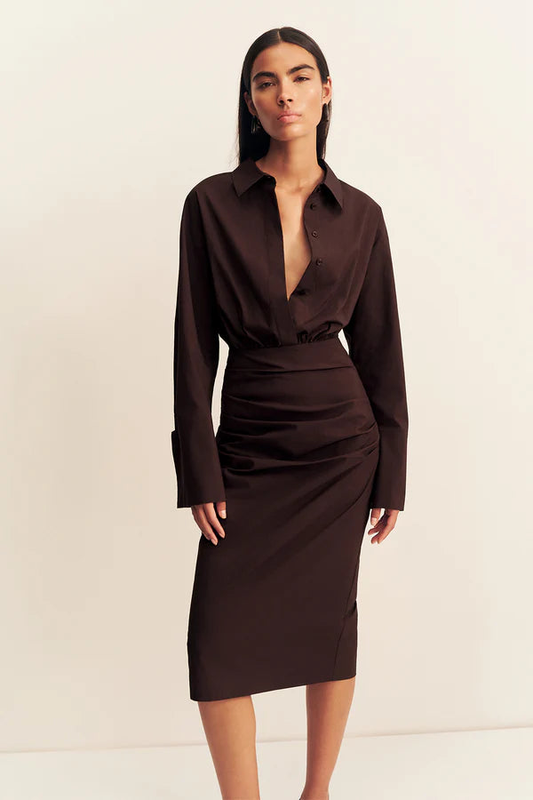 SHONA JOY Campbell Shirt Fitted Midi Dress Ristretto