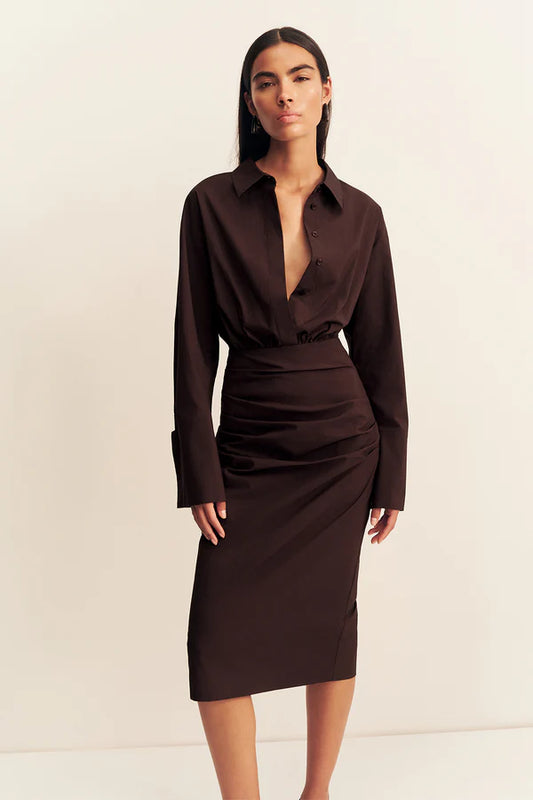 SHONA JOY Campbell Shirt Fitted Midi Dress Ristretto
