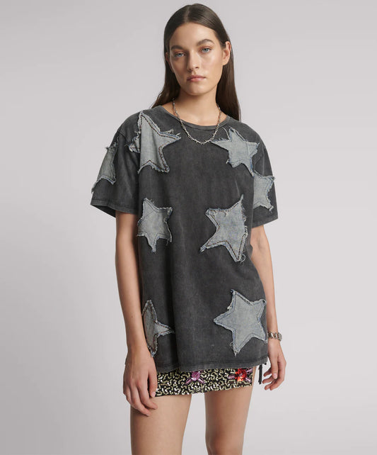 ONE TEASPOON Denim star hand embellished boyfriend tee