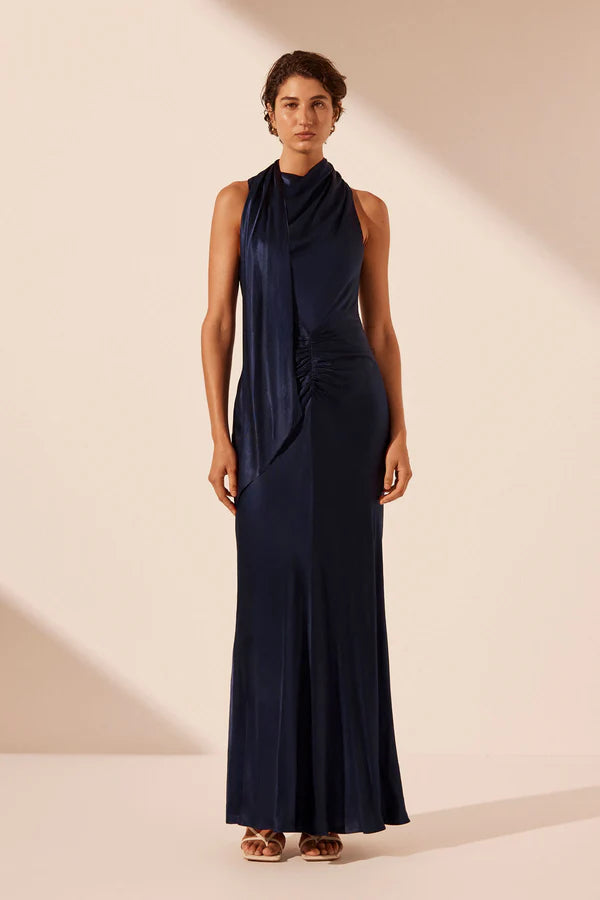 SHONA JOY Lino Scarf Neck Maxi- Navy