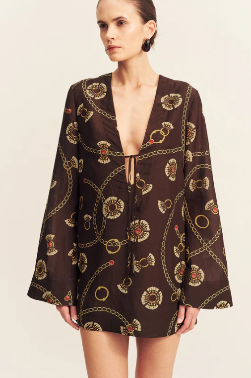 SHONA JOY-Vacanza Plunged Long Sleeve Mini Dress - Medallion Stamp