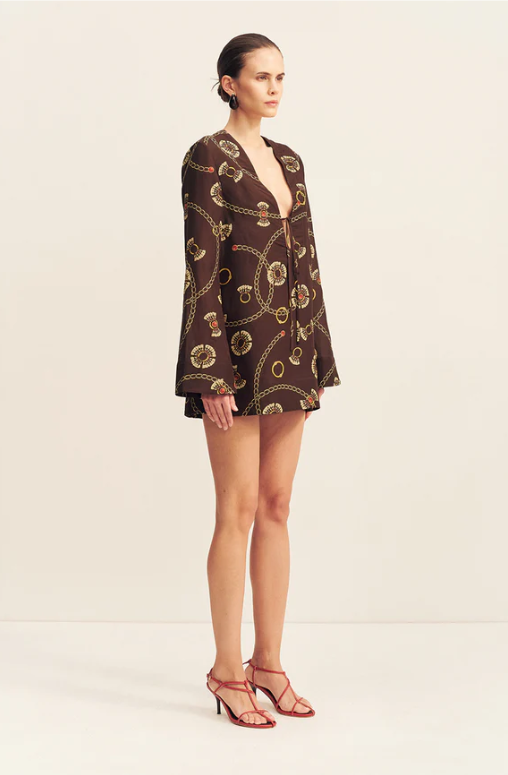 SHONA JOY-Vacanza Plunged Long Sleeve Mini Dress - Medallion Stamp