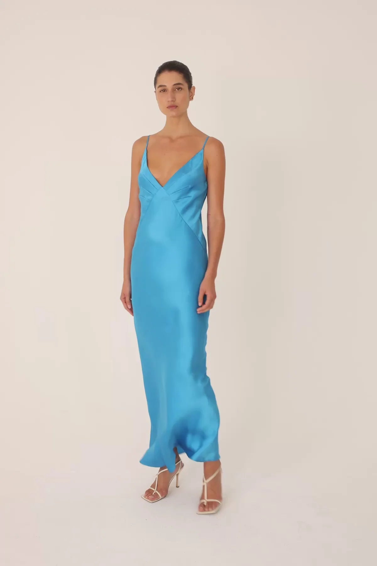 SHONA JOY Aqua Silk Plunged Slip Maxi Dress