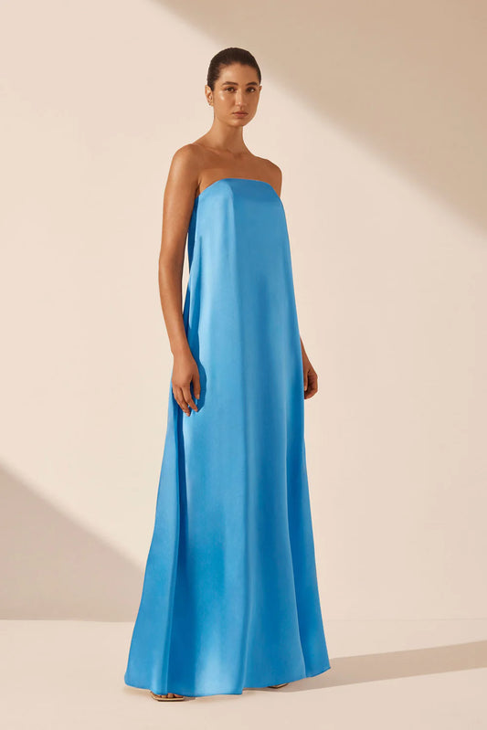 SHONA JOY Ceil Aqua Strapless Column Maxi Dress