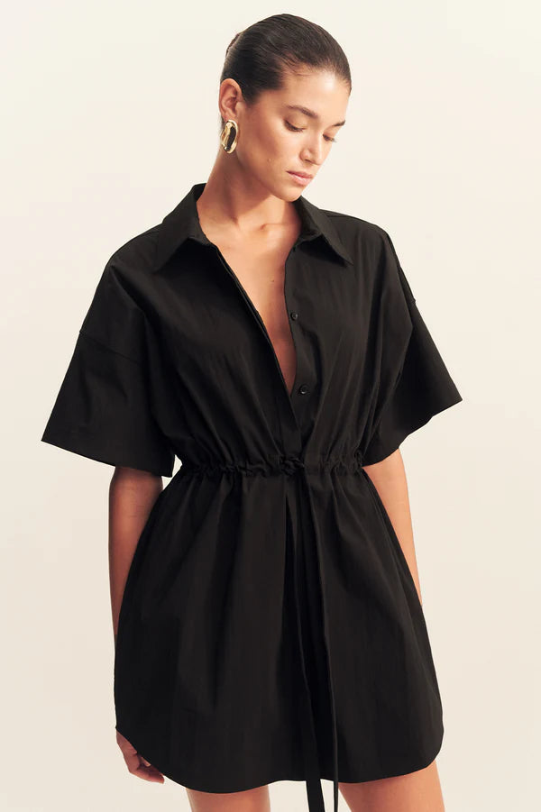 SHONA JOY Campbell Short Sleeve Drawstring Shirt Dress-black