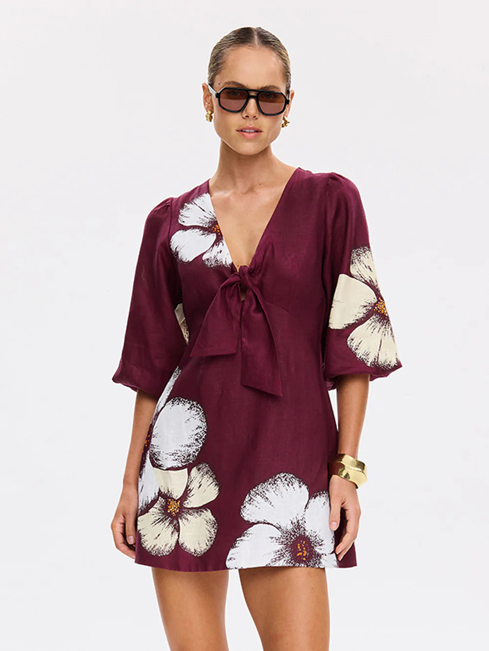 KIVARI - Brodie Tie Front Mini Dress in Plum