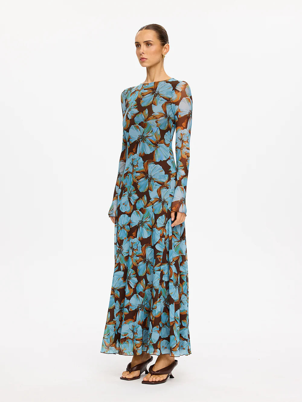 KIVARI Nieve Mesh Maxi Dress in Blue