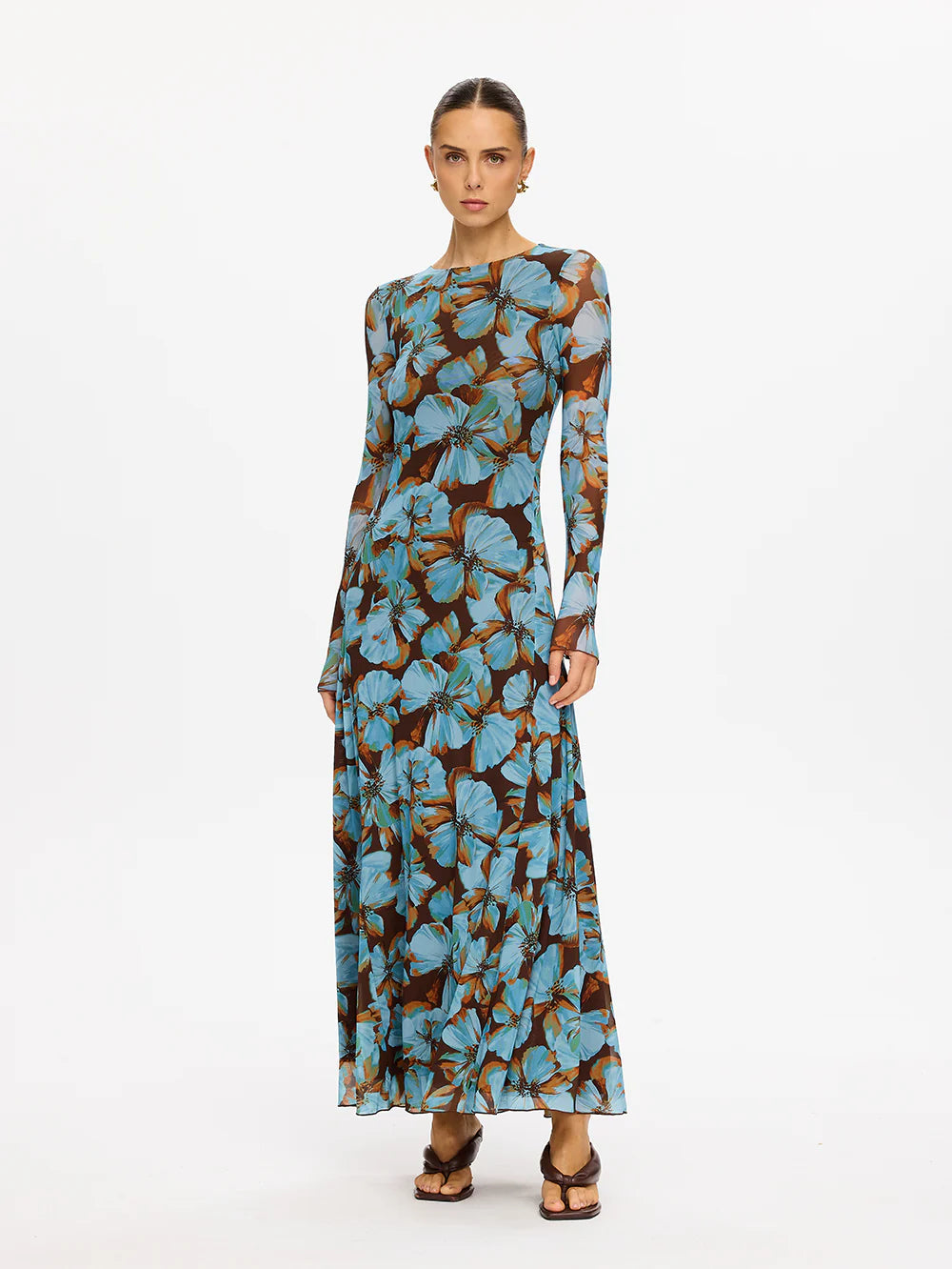 KIVARI Nieve Mesh Maxi Dress in Blue
