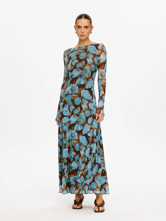 KIVARI Nieve Mesh Maxi Dress in Blue