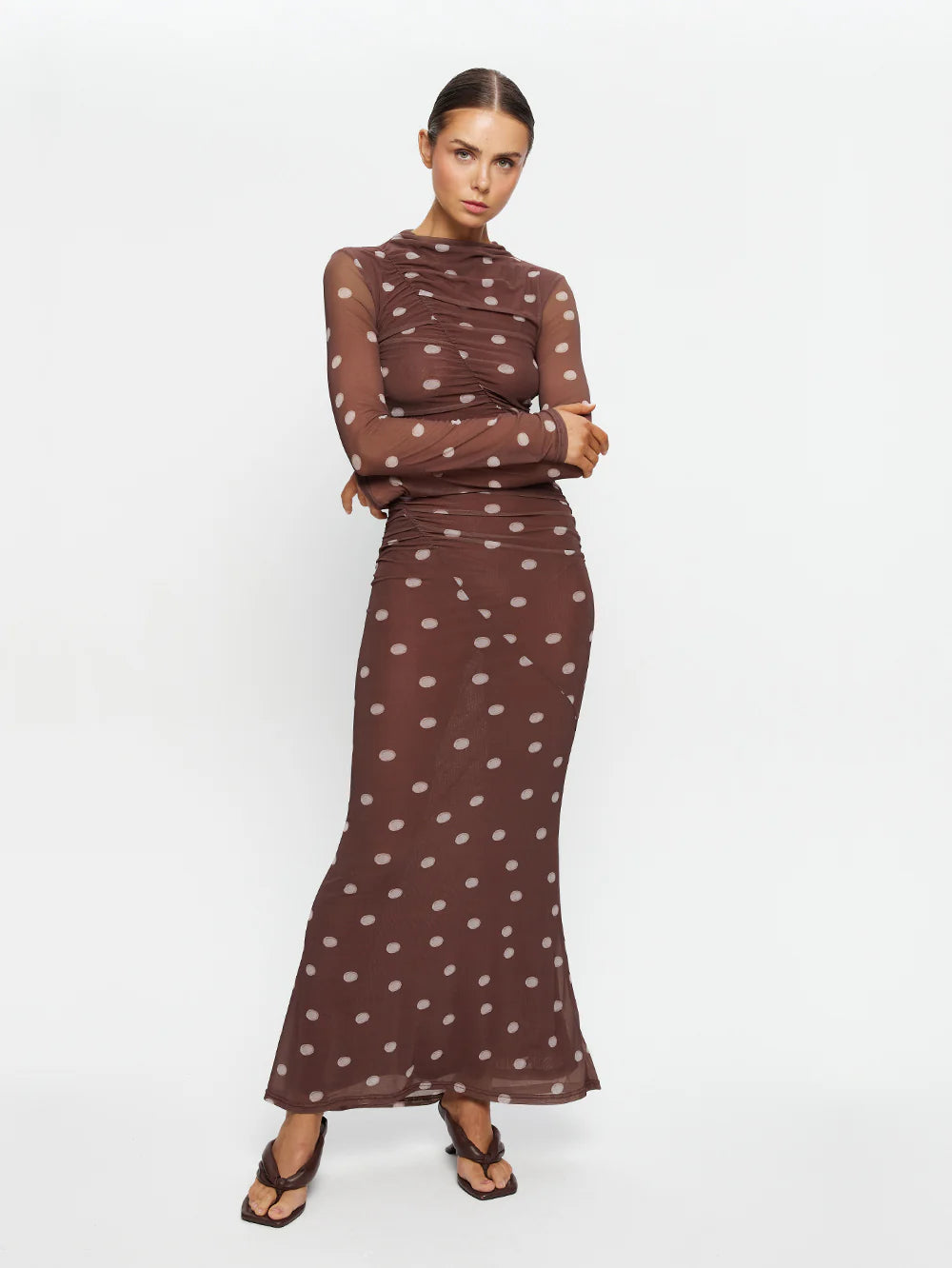 KIVARI - Edie Mesh Maxi Dress in Chocolate