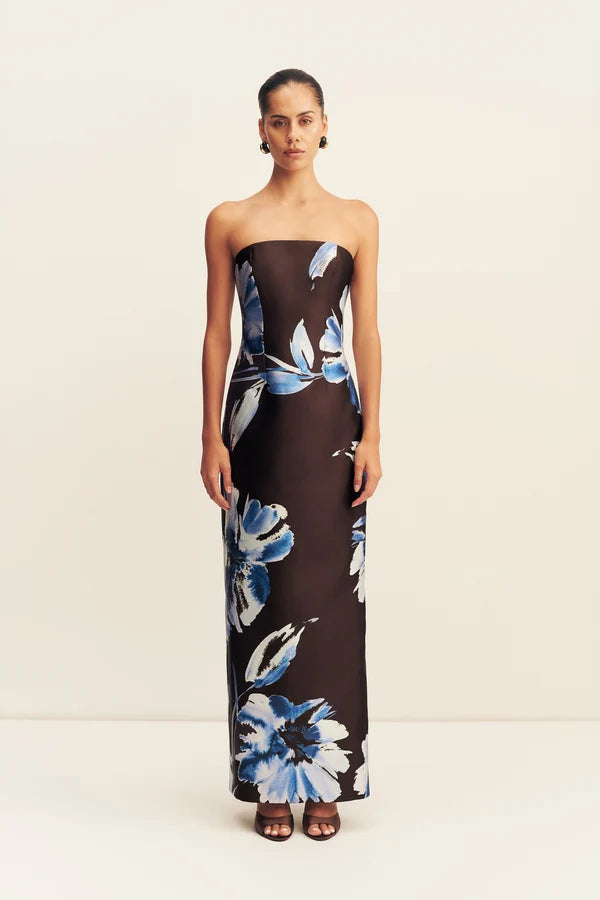 Shona Joy - Elsa Panelled Strapless Maxi Dress IN ESPRESSO/BLUE