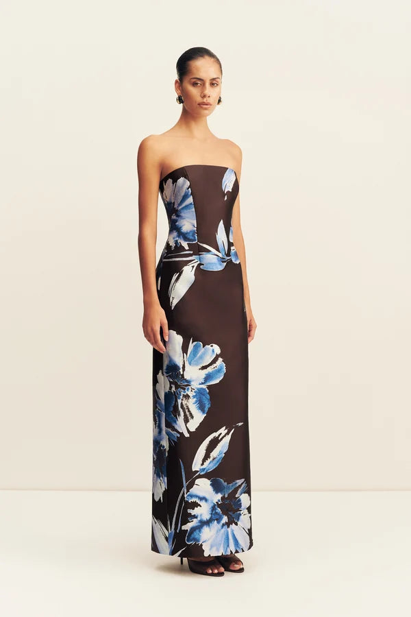 Shona Joy - Elsa Panelled Strapless Maxi Dress IN ESPRESSO/BLUE