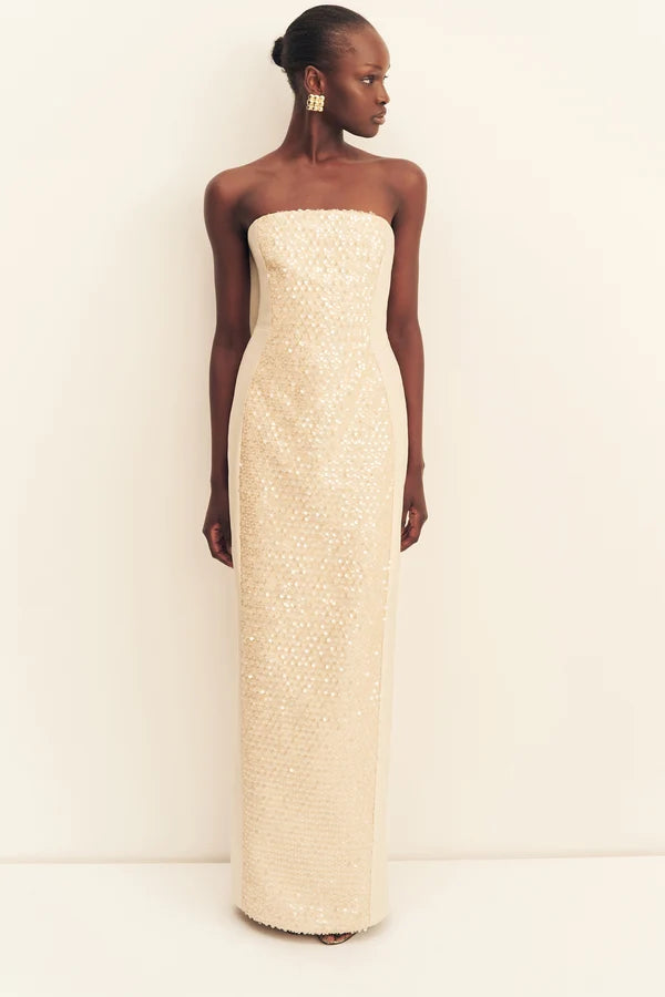 Shona Joy - Eluna Panelled Sequin Maxi Dress IN MACADAMIA