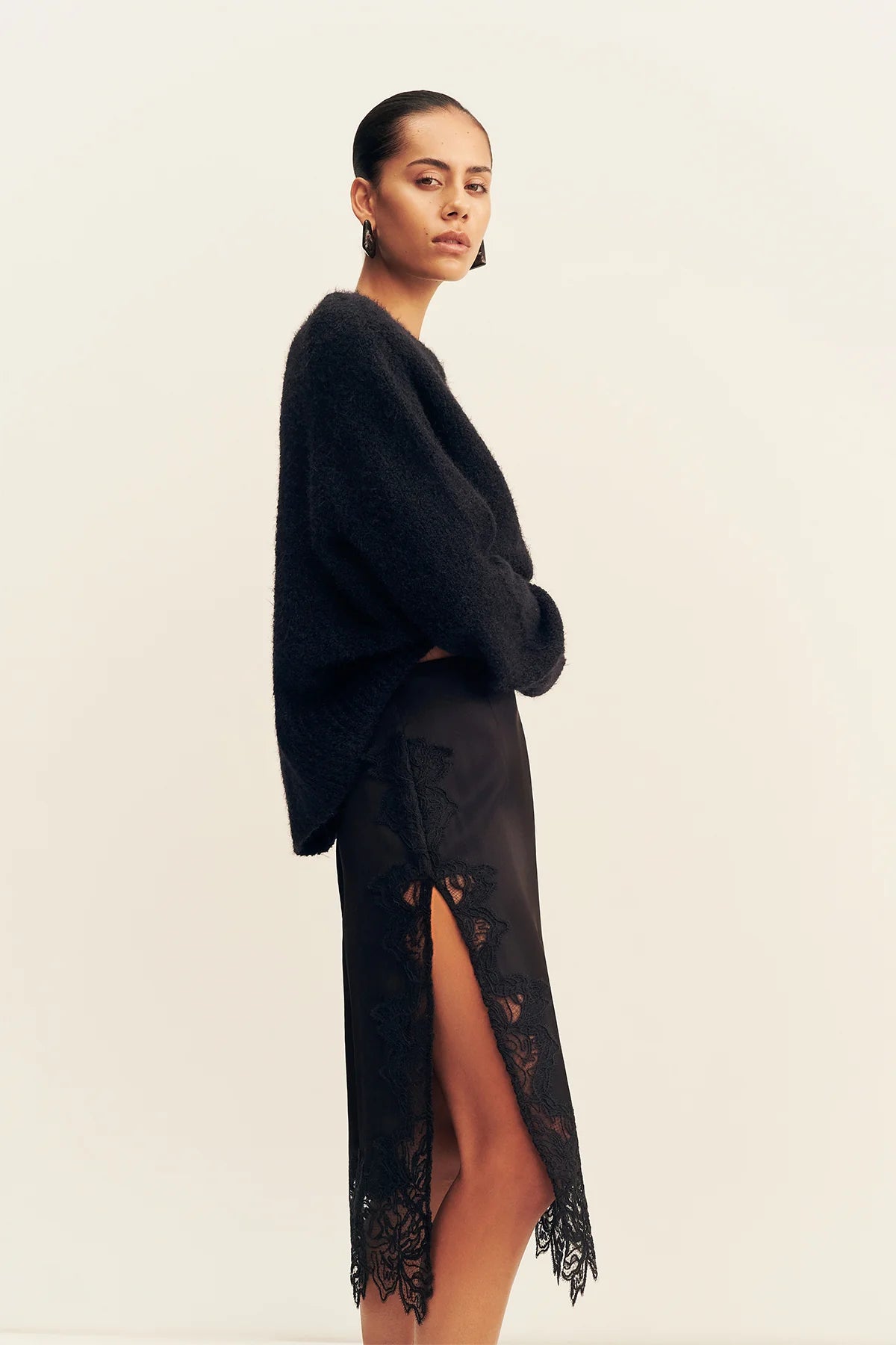 Shona Joy - Eniko Lace Split Midi Skirt IN BLACK