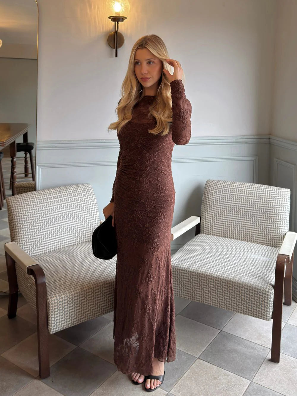 KIVARI Marie Lace Maxi Dress in Chocolate