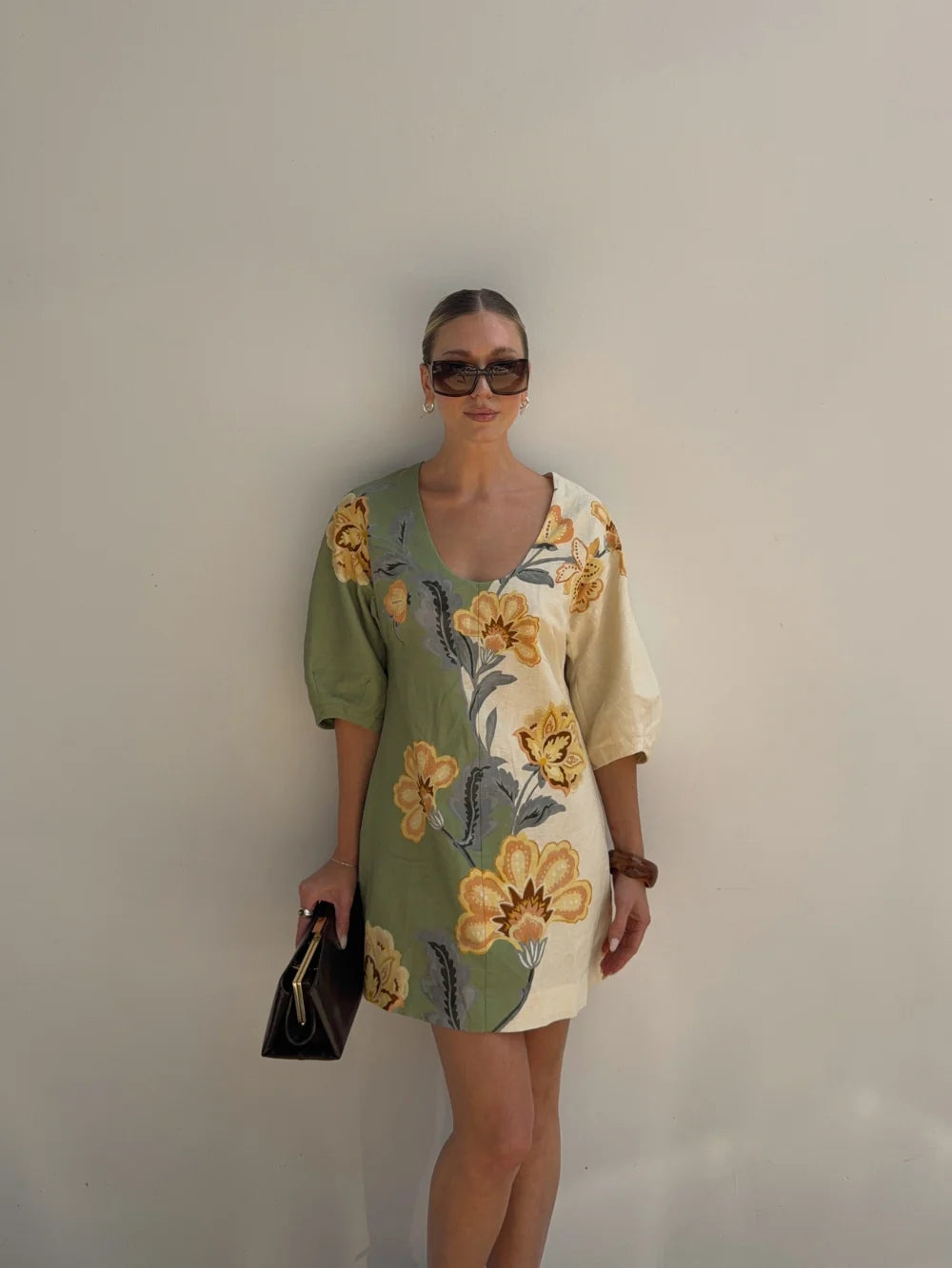KIVARI - Lotte Mini Dress in Green & Yellow Floral