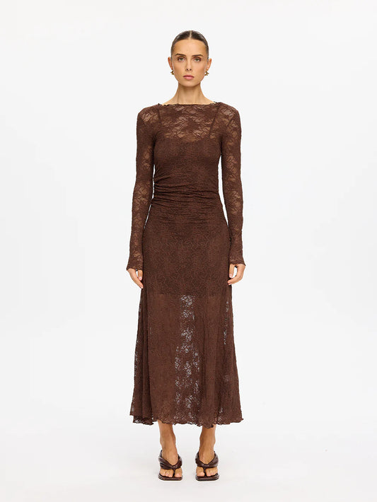 KIVARI Marie Lace Maxi Dress in Chocolate
