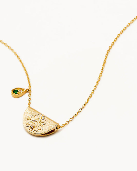 BY CHARLOTTE - 18k Gold Vermeil Lotus Birthstone Necklace - May - Emerald