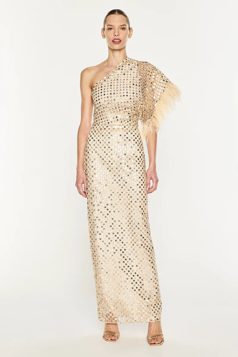 Manning Cartell - Checkerboard Sequin Gown IN NOUGAT