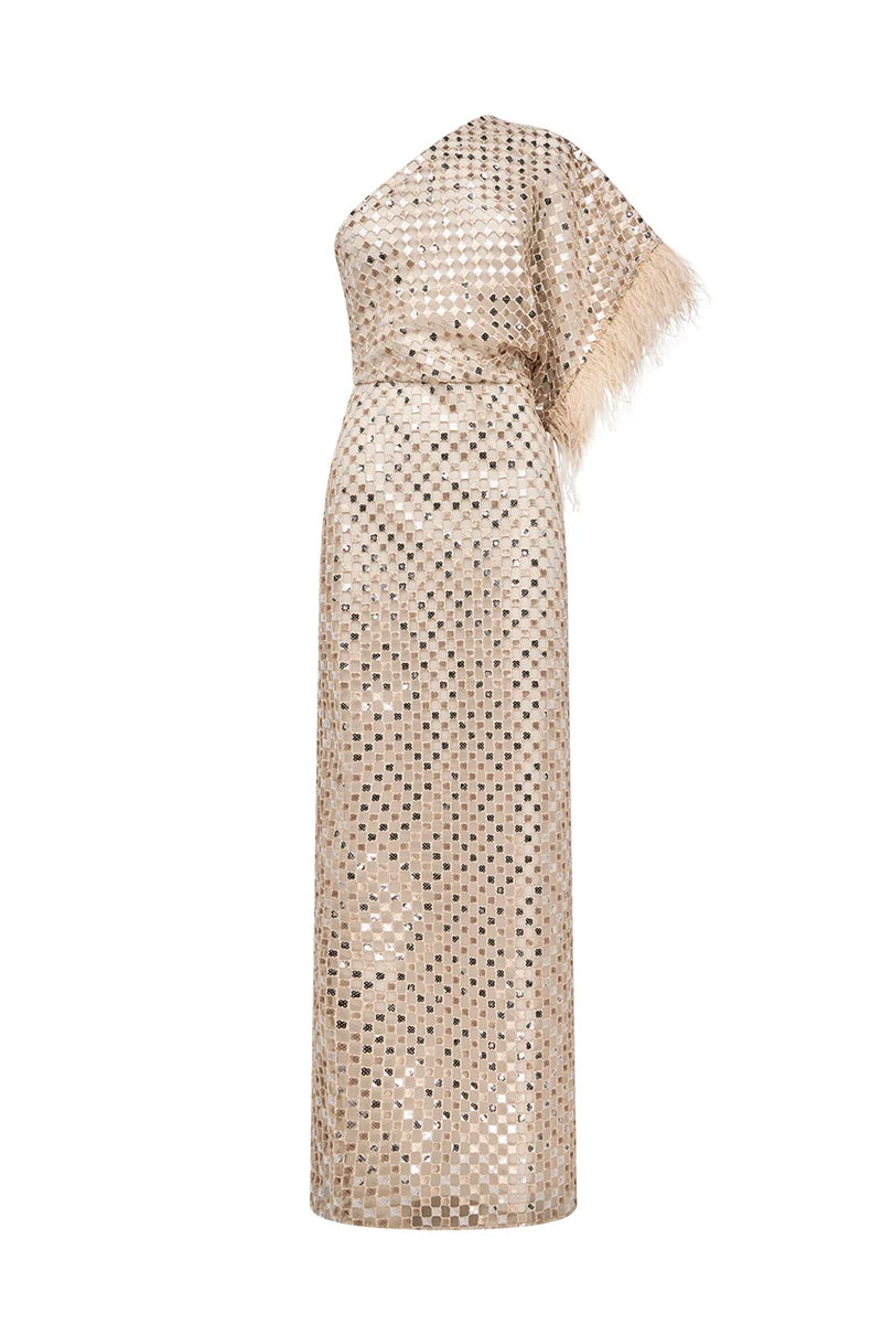 Manning Cartell - Checkerboard Sequin Gown IN NOUGAT