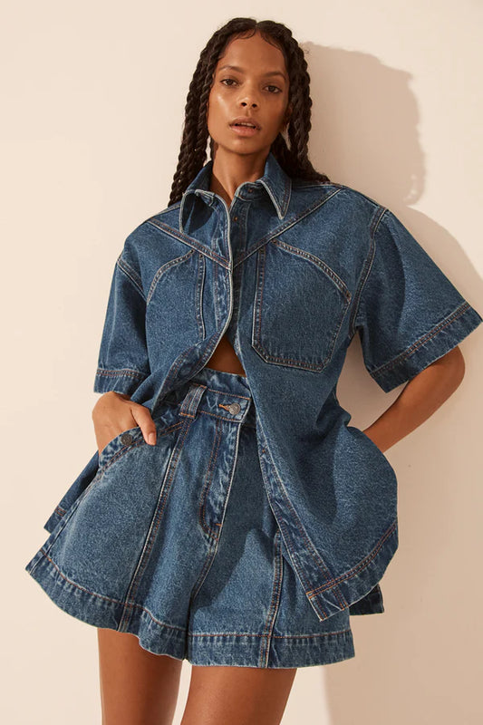 SHONA JOY Raquel High Waisted Flared Shorts-vintage blue