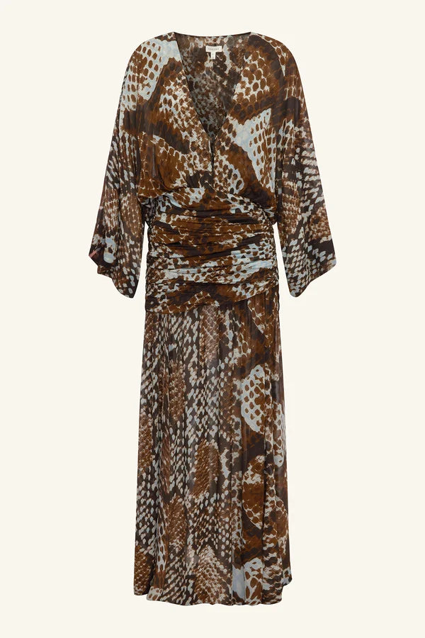 Shona Joy - Maia Long Sleeve Plunged Maxi Dress IN RISTRETTO/ACADIAN BLUE