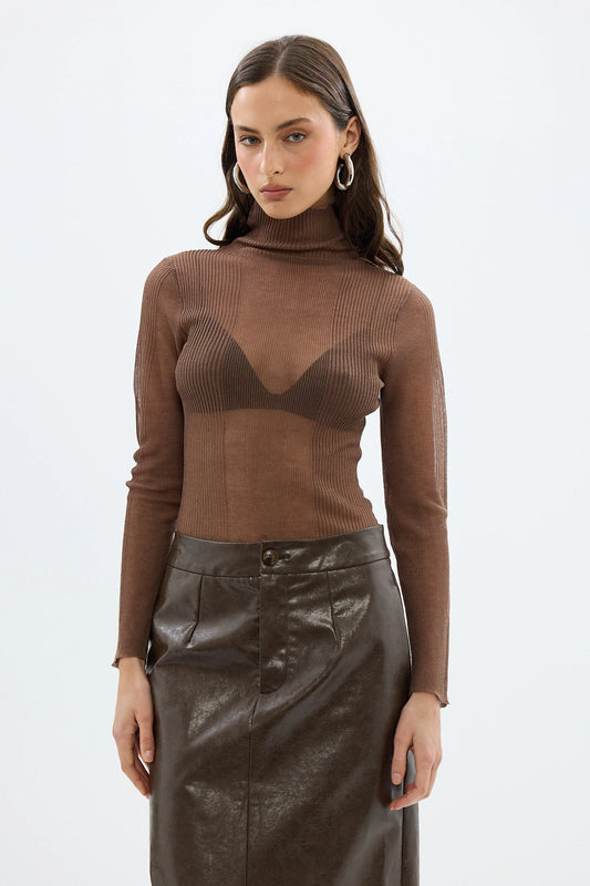BUBISH - Riley Sheer Long Sleeve Top in Chocolate